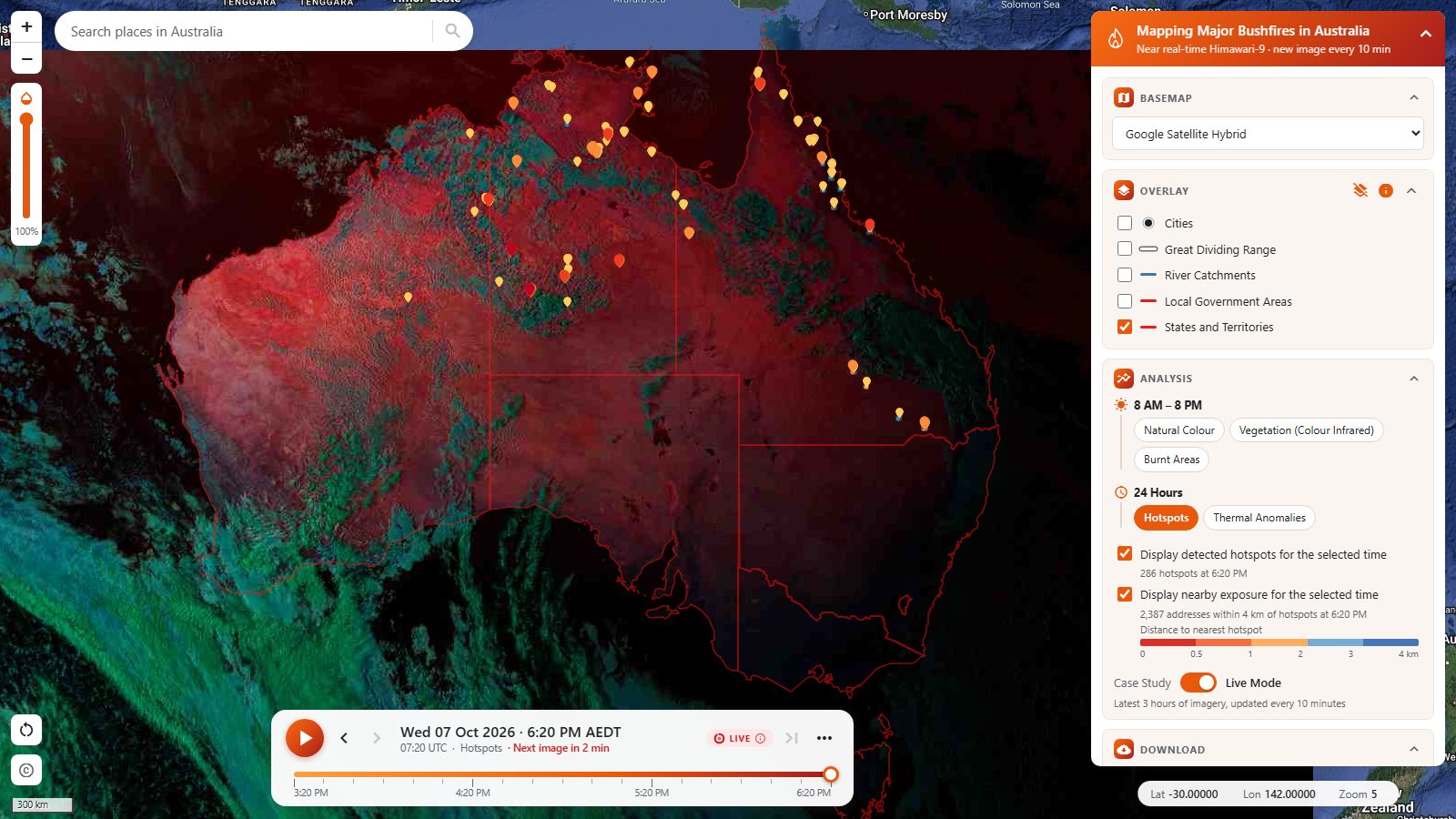 Live mode: Hotspots composite of Australia with detected hotspot pins across northern Australia and Queensland; the panel lists 286 hotspots and 2,387 nearby addresses.